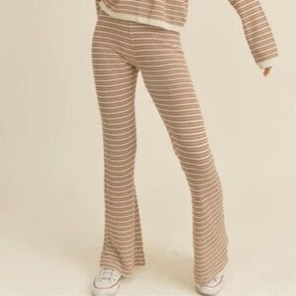 Miou Muse Stripe Knit Pants Tan White Boho Resort Wear Viscose